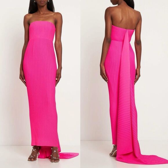 Solace London Harlee Column Strapless Pleated Maxi Dress in Hot Pink Size 0 - Picture 1 of 14